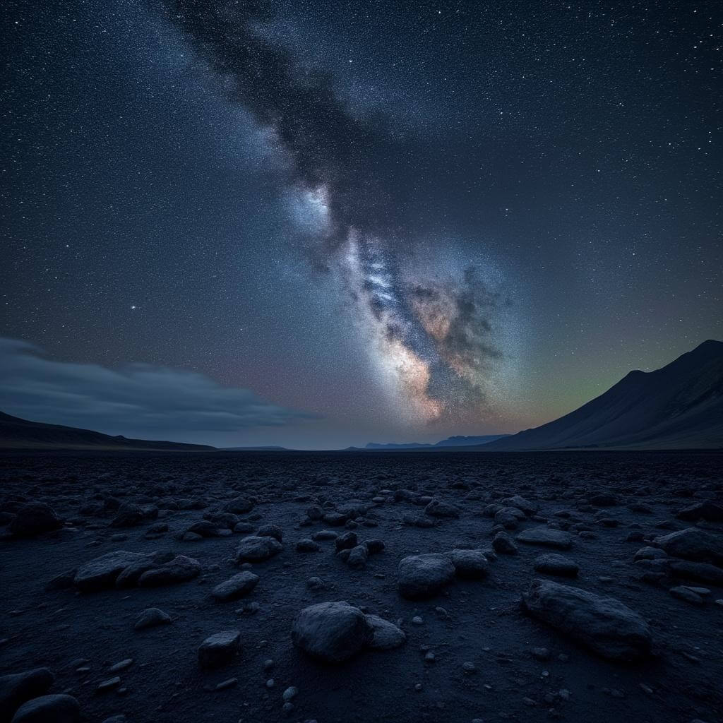 Nighttime view of ancient black lava fields under a starry sky with prominent Milky Way galaxy, dark volcanic rocks silhouetted in the foreground