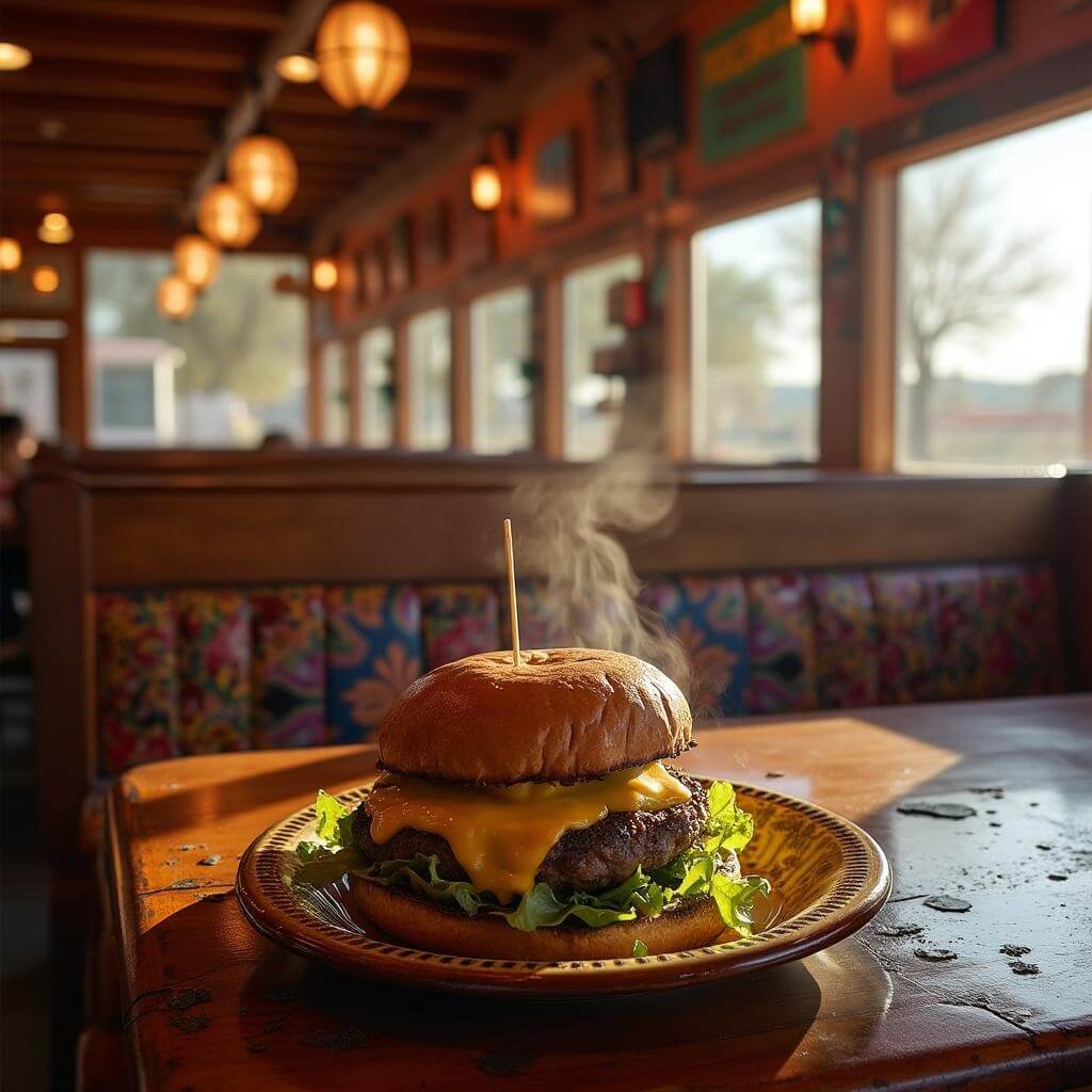 Cozy New Mexican diner interior with rustic decor, wooden booths, warm lighting, large windows allowing morning light in, and a steaming green chile cheeseburger on a ceramic plate