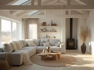 "Cozy Nordic cabin interior with whitewashed beams, sheepskin throws on a dove-gray linen sofa, birch furniture, and warm ambient lighting"