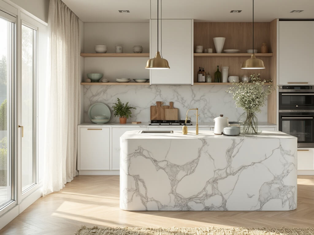 "Sunny Nordic kitchen with white cabinets, marble island, and minimal decor"