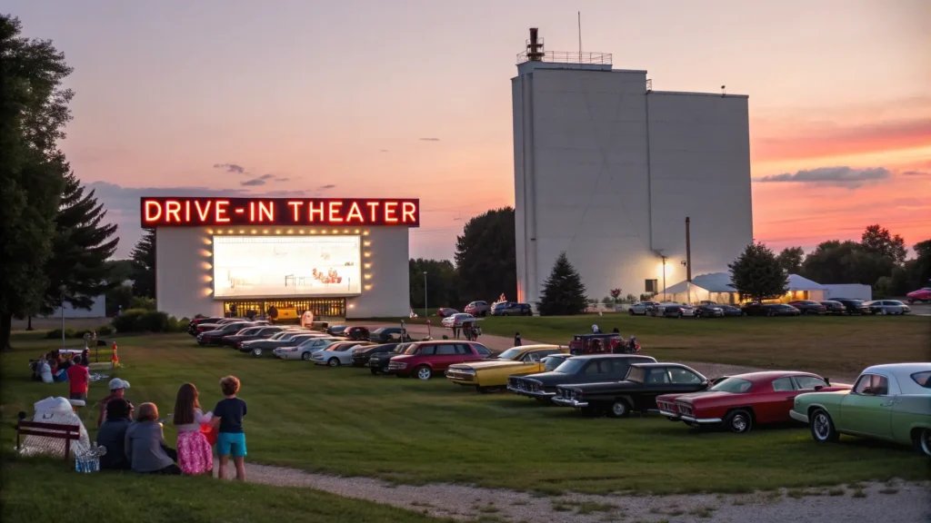"Vintage and modern cars at a 1950s-style drive-in theater during a nostalgic sunset, with people setting up lawn chairs, kids playing, an art deco neon sign, string lights, and a classic concession stand."