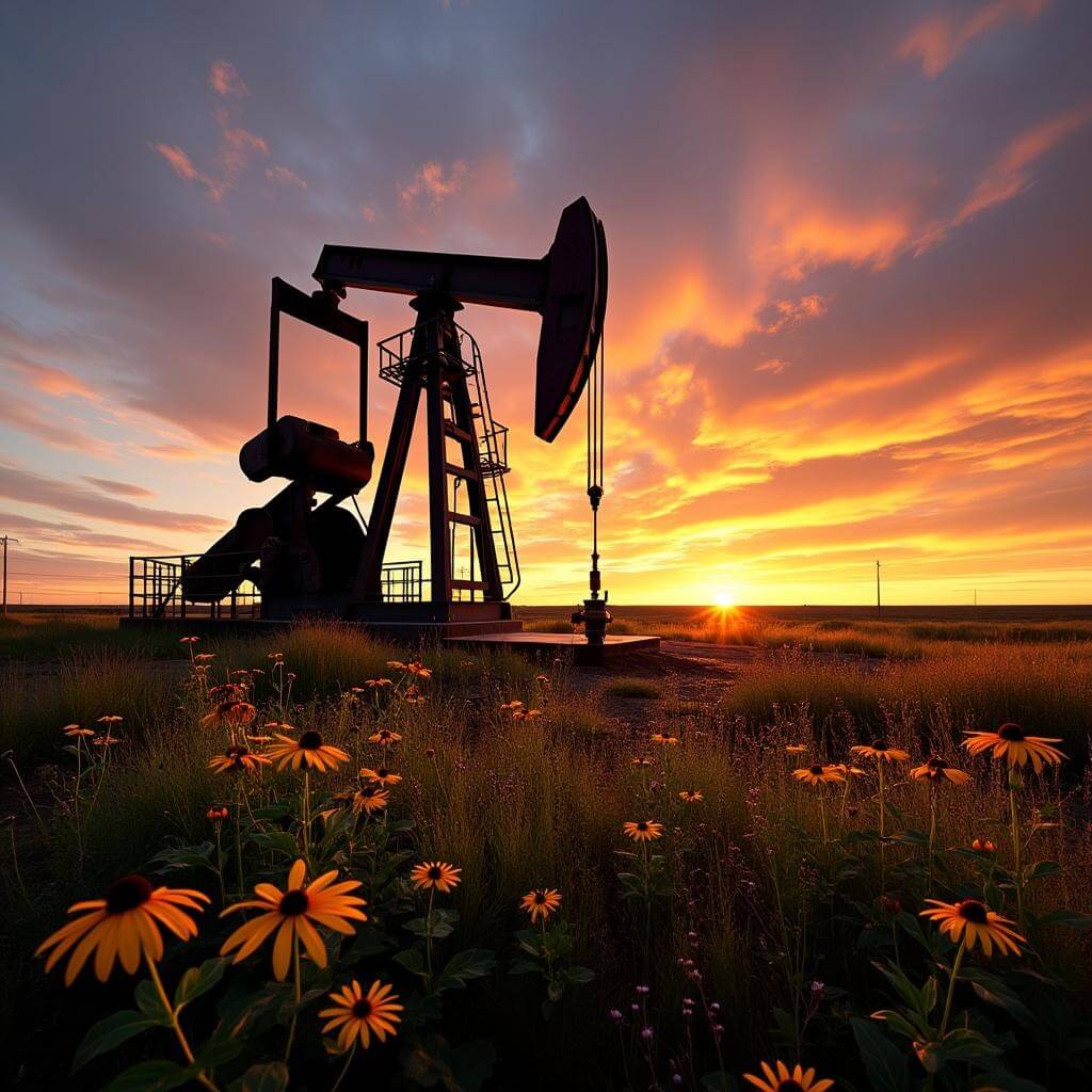 Oil pump jack silhouette amidst prairie grasses and wildflowers at sunset