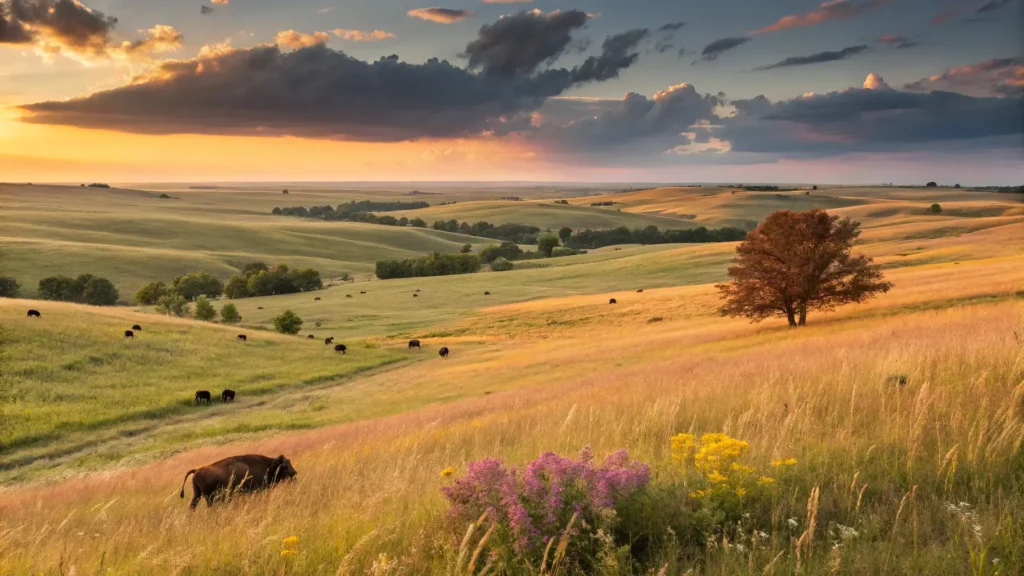 "Panoramic view of a tallgrass prairie at sunset with a herd of American bison grazing among wildflowers, a solitary redbud tree, and birds flying against the Oklahoma sky."