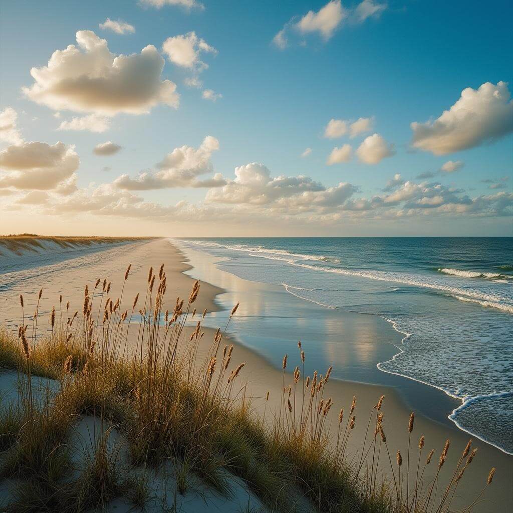 Golden hour at Outer Banks coastline with sandy beaches, turquoise waters, swaying sea oats and reflected cumulus clouds