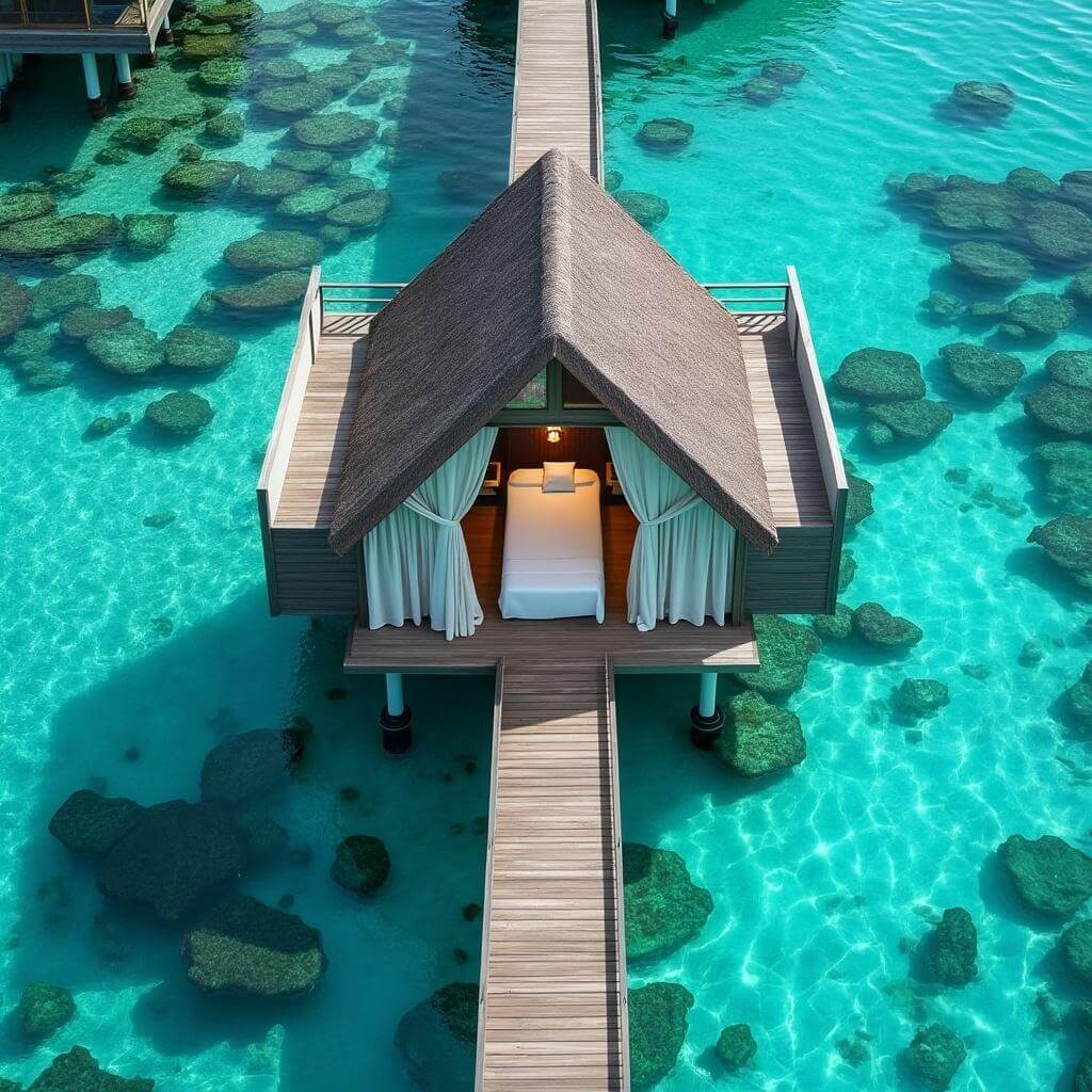 Aerial view of isolated overwater spa villa with wooden walkways over turquoise lagoon, crystal clear water revealing coral reefs, and a visible massage table in the open villa with billowing white curtains