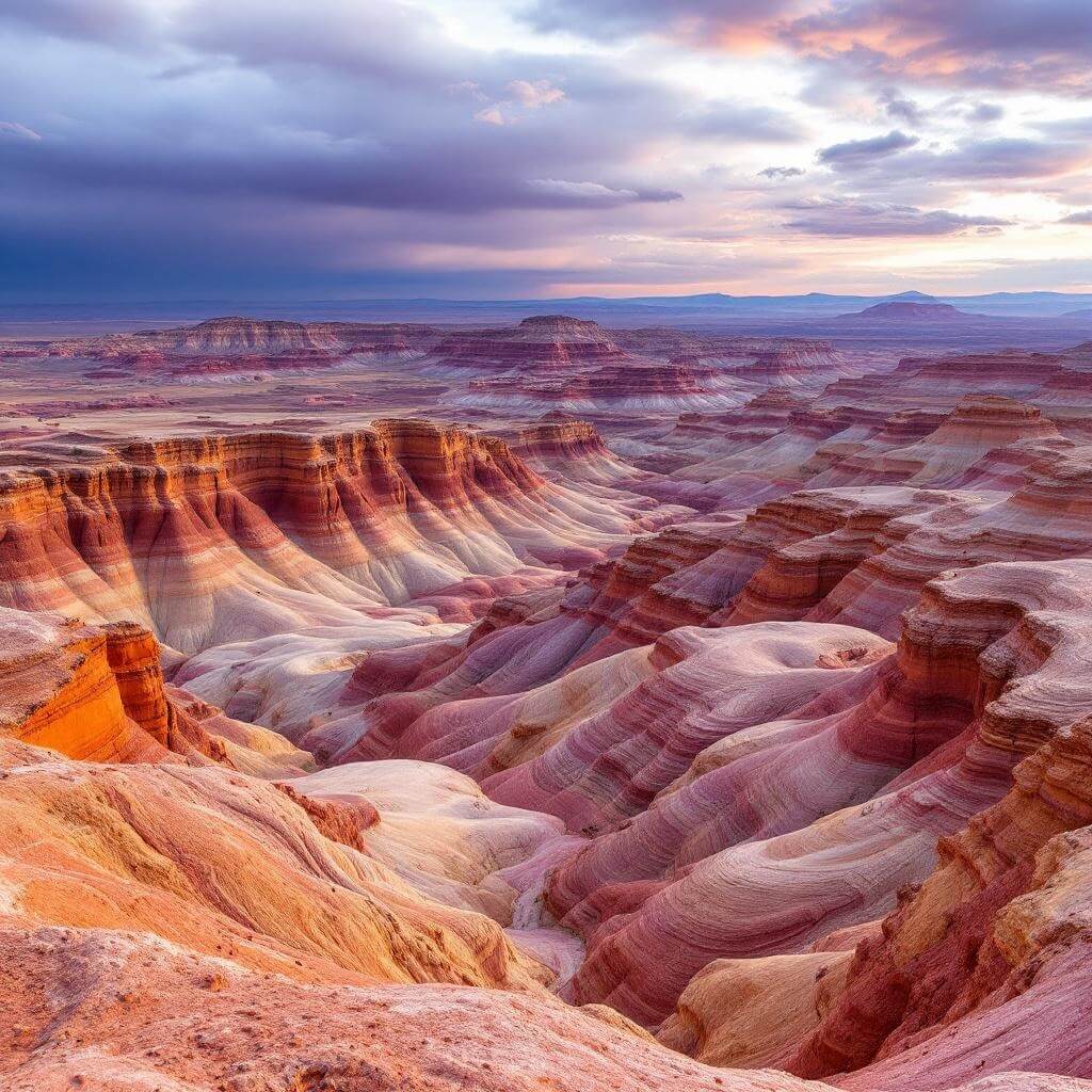 Panoramic view of Painted Desert with multi-colored geological strata and intricate erosion patterns under a vast sky