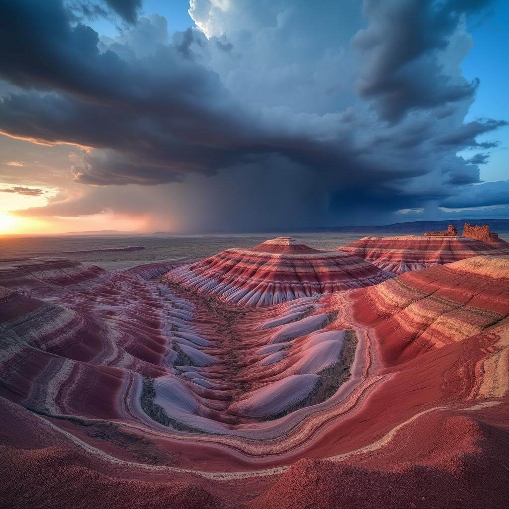 Panoramic view of Painted Desert with layers of colorful sedimentary rocks and storm clouds gathering at the horizon during golden hour