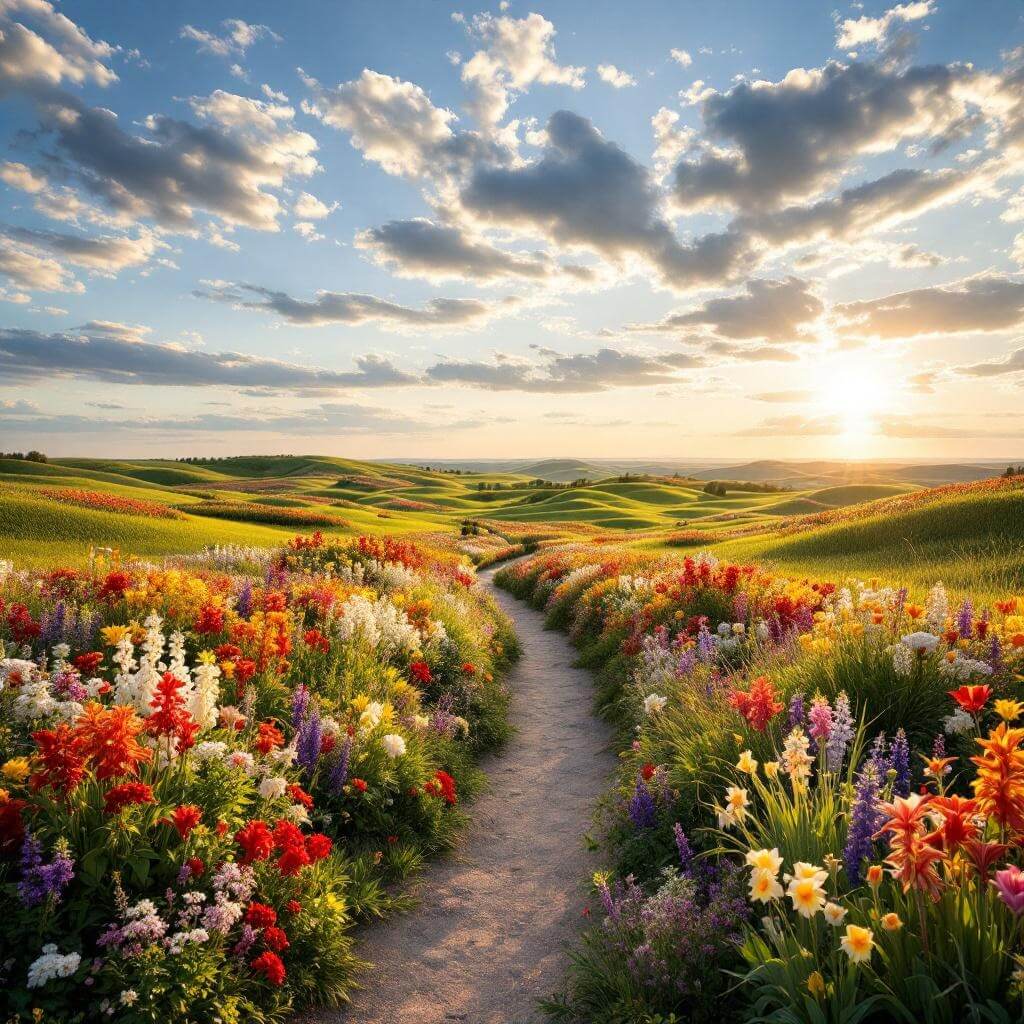 Summer landscape of the International Peace Garden showcasing a vibrant display of 100,000 flowers against the undulating Turtle Mountains, representing the seamless US-Canadian border under golden sunlight