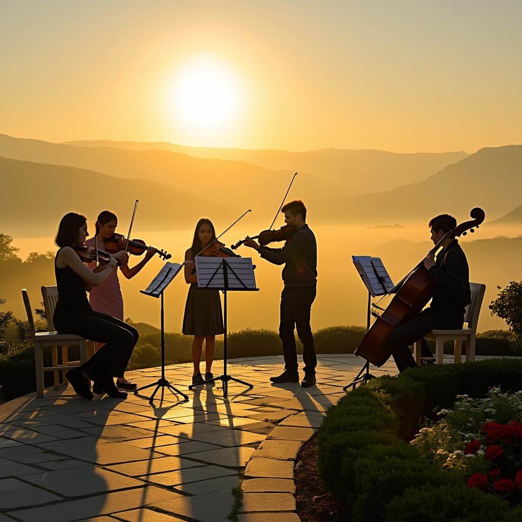 Young string quartet performing at sunrise in Peace Garden, with morning light reflecting off their instruments and long shadows stretching across the manicured gardens.