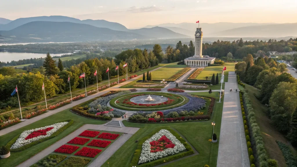 "Aerial view of International Peace Garden, displaying clear US-Canada border, symmetrical gardens, Peace Tower, floral clock, sunken garden, with Turtle Mountains backdrop in soft evening light."