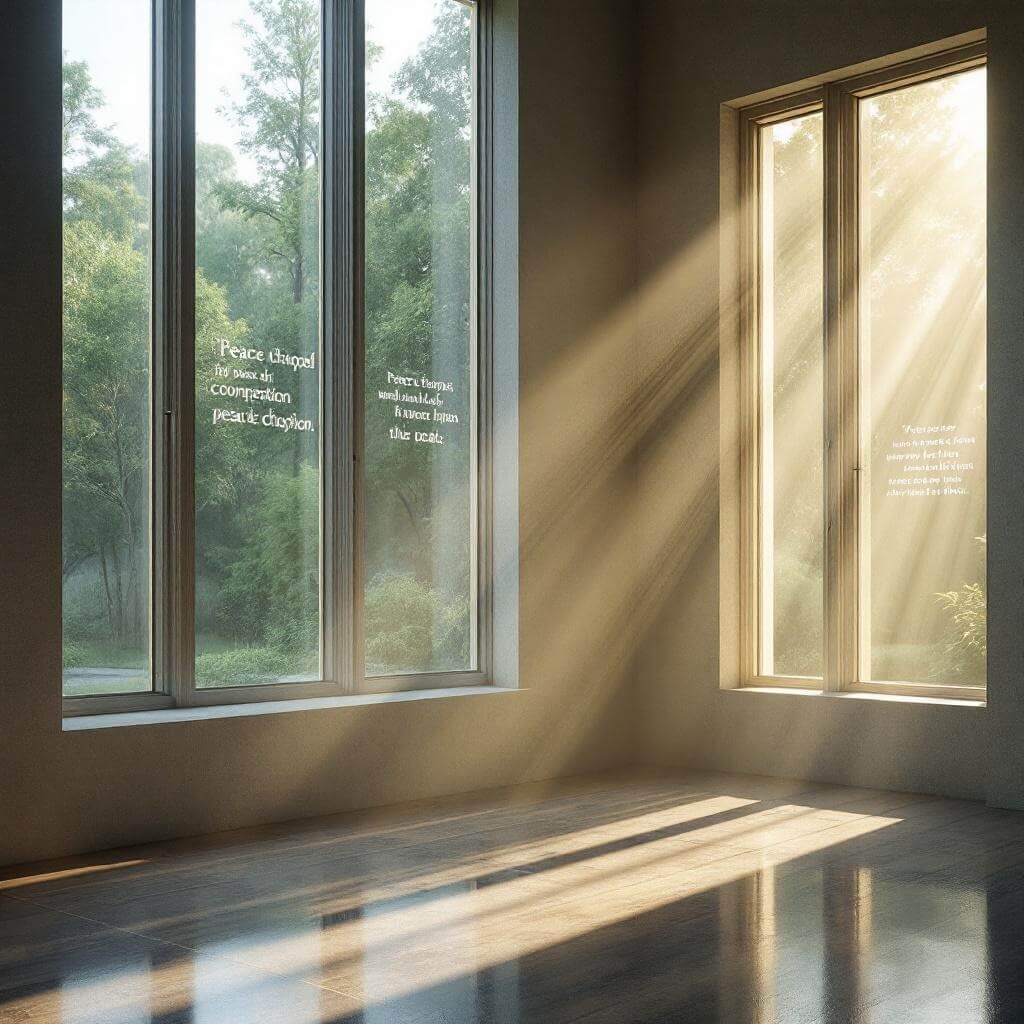 Interior of Peace Chapel with natural light streaming through windows and subtle peace quotes visible in soft lighting