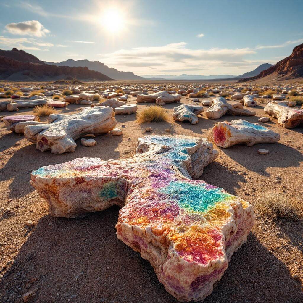 Petrified wood logs in various shades of crystallized quartz and rainbow colors scattered across a desert terrain under soft golden sunlight