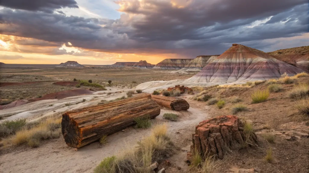 "Dramatic golden hour view of Petrified Forest National Park with rainbow-colored petrified logs, Painted Desert badlands, and a vivid sunset sky"