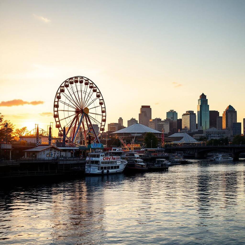 Sunset view of CityFair in Portland with silhouetted carnival rides, prominent ferris wheel, and waterfront of Willamette River in foreground