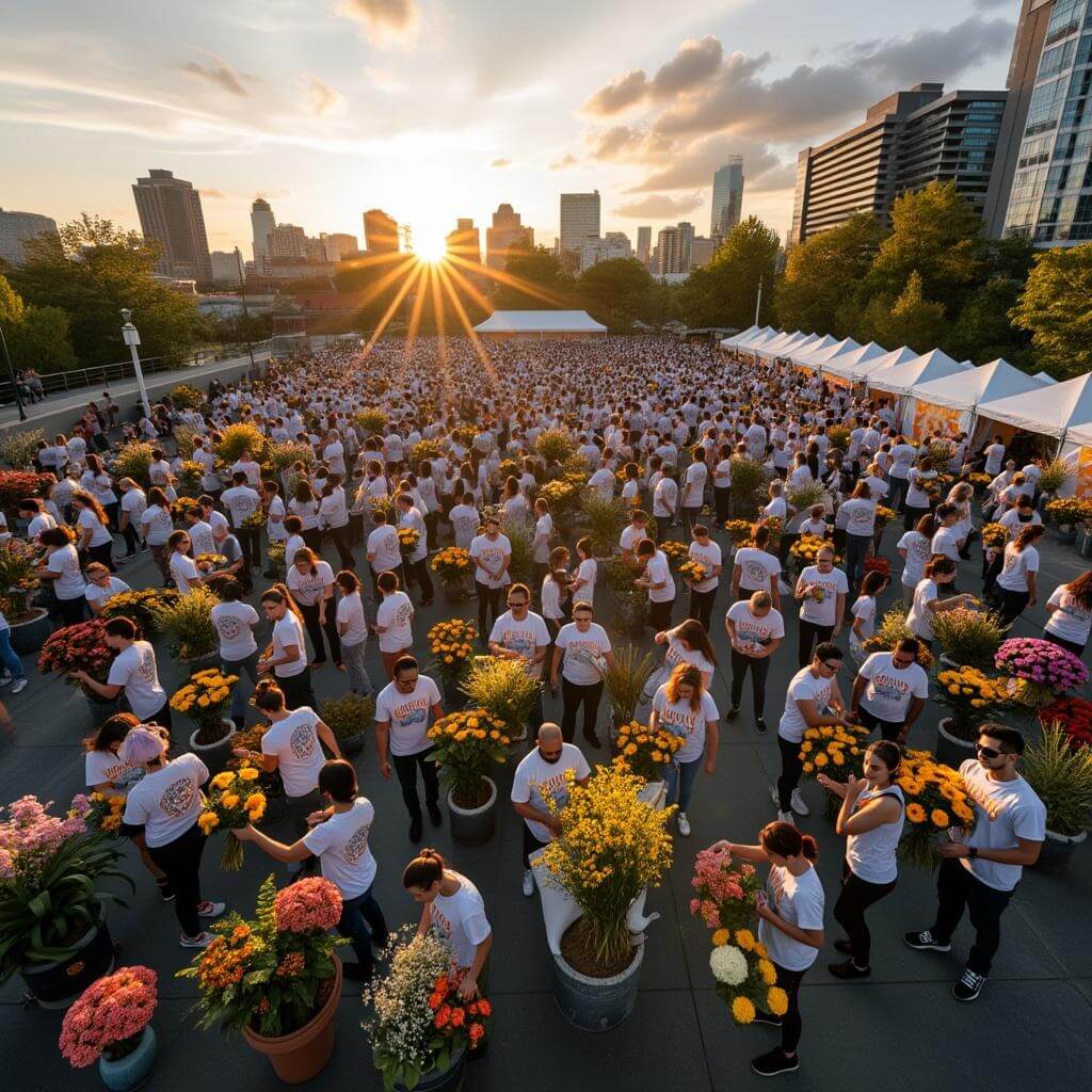 Hundreds of diverse volunteers in matching festival t-shirts working in a large outdoor space in Portland, arranging flowers and coordinating logistics during golden hour