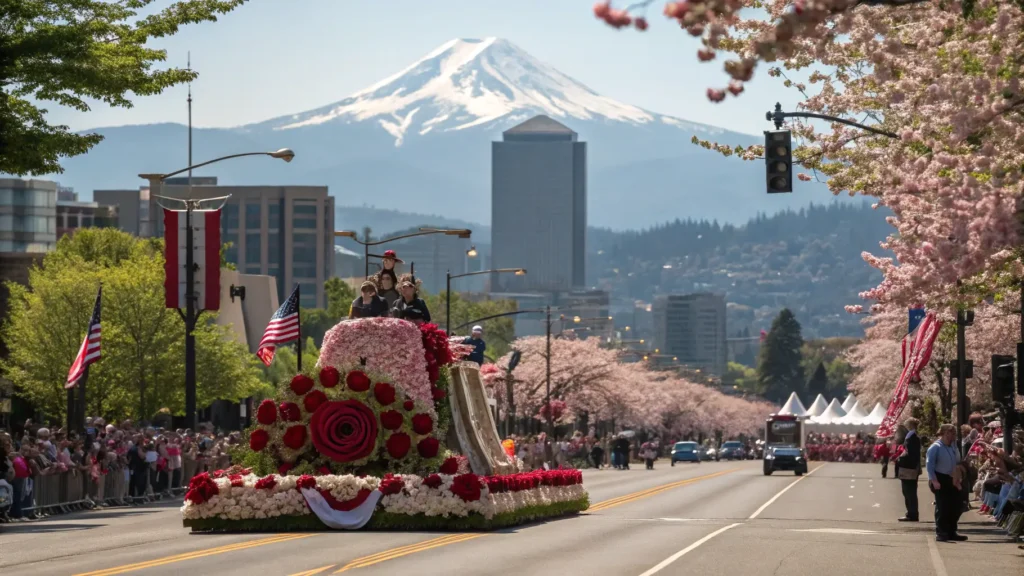 "Elaborate rose-covered float in Portland's Grand Floral Parade, with cheering crowd, American flags, and the Portland skyline featuring Mount Hood in the backdrop, framed by cherry blossoms under a sunny sky."