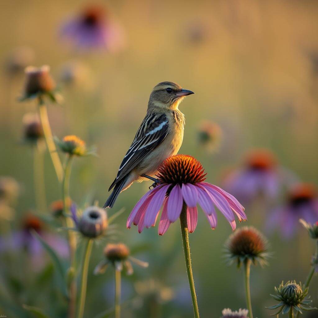 Rare prairie bird perched on a blooming purple coneflower amidst a sea of wildflowers under soft evening light.