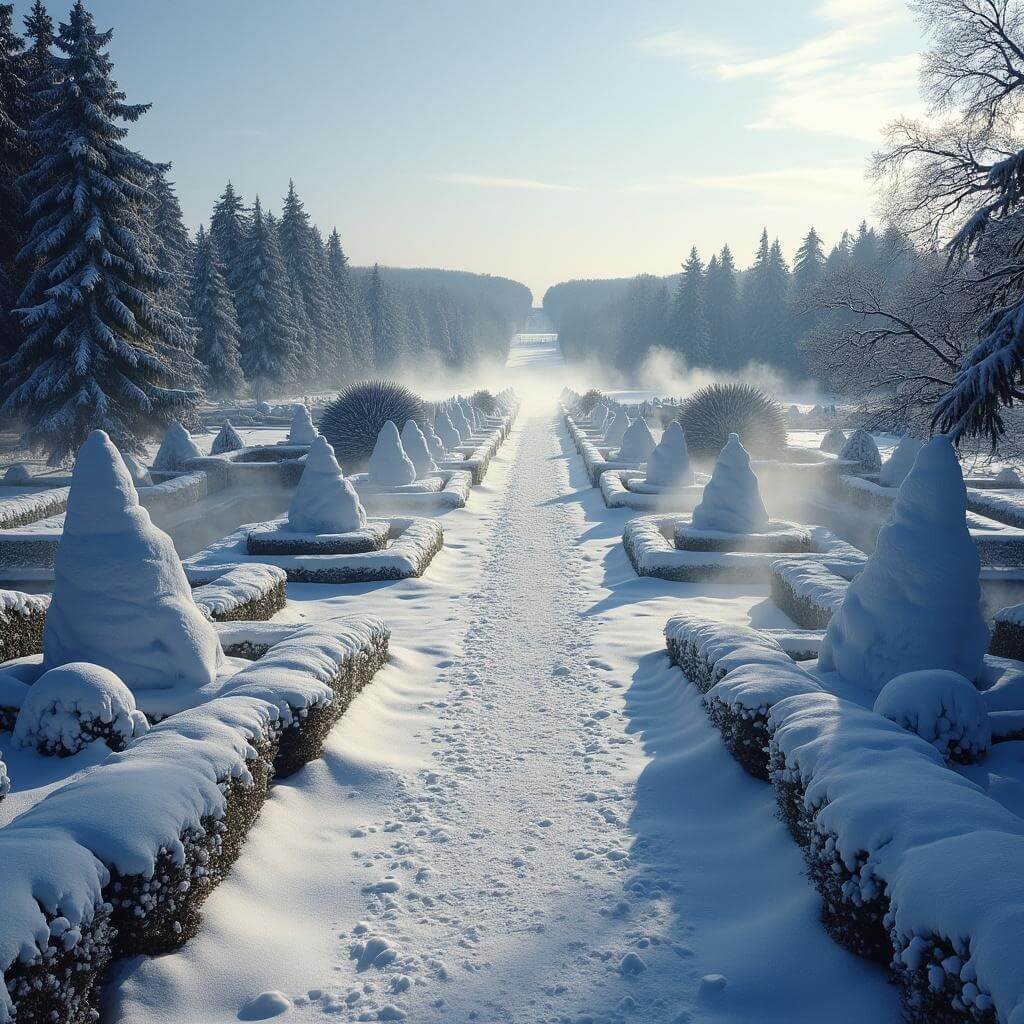 Dramatic winter landscape of snow-covered formal gardens with topiary shapes, untouched snow drifts highlighted by morning light, cross-country ski trails in the distance, steam rising from water features, and dark evergreen trees.