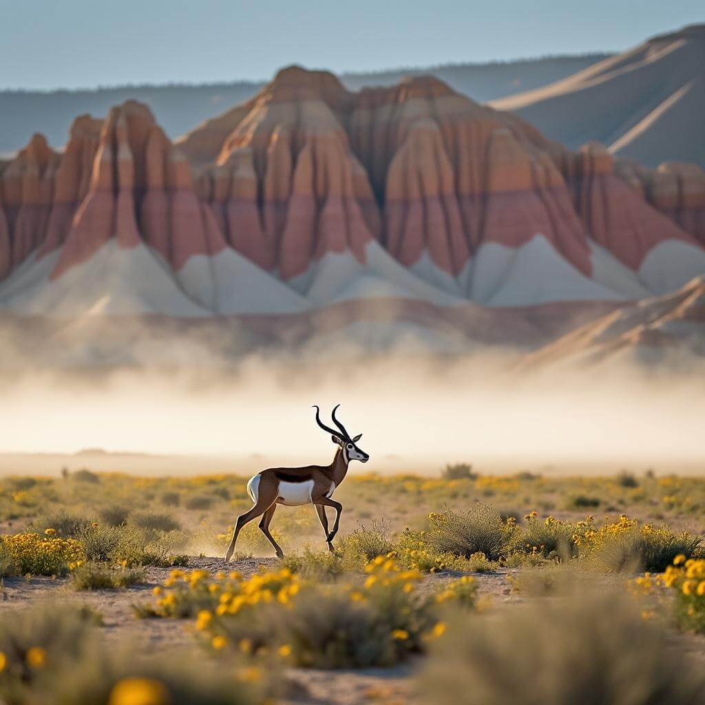 Pronghorn antelope crossing a desert plain with multicolored badlands in the background, early morning mist and native wildflowers in the foreground