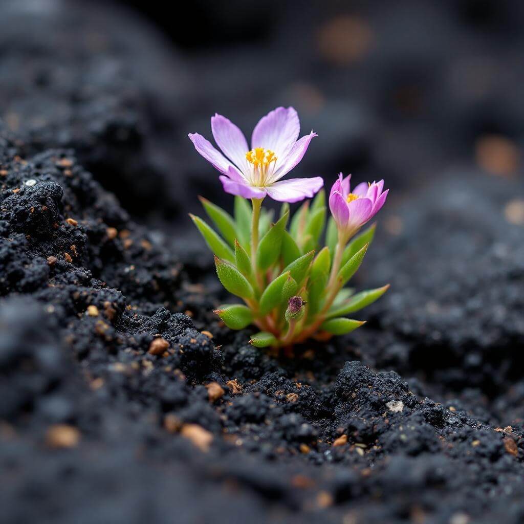 Close-up view of a vibrant wildflower growing on dark volcanic rock, demonstrating life's resilience in harsh conditions