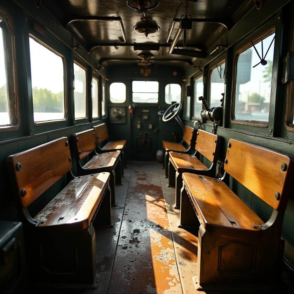 Interior of a restored WWII DUKW amphibious vehicle with wooden bench seating and period controls, illuminated by natural sunlight