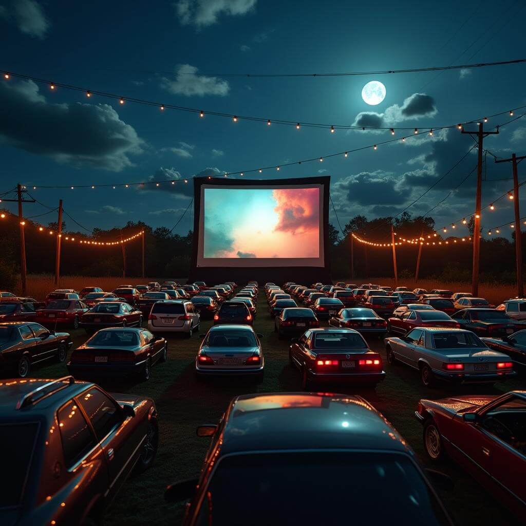 Crowd of cars at a drive-in theater under a full moon, illuminated by a glowing movie screen and overhead string lights