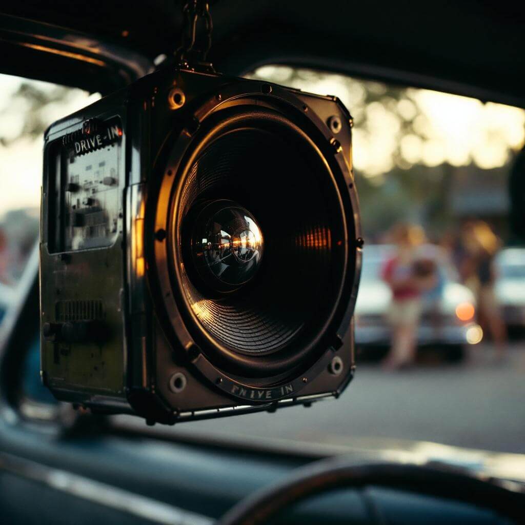 Retro drive-in speaker on car window with blurred background of mid-century outdoor cinema scene