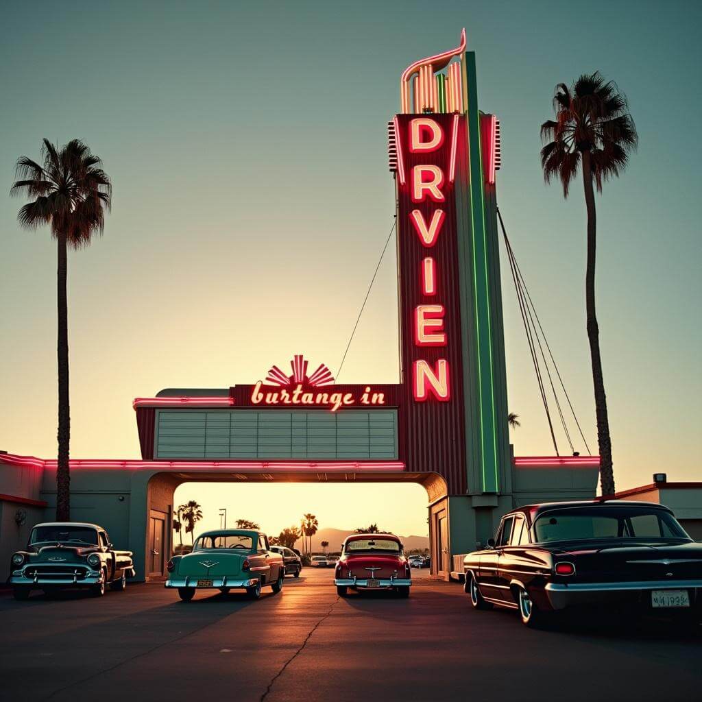 1950s drive-in theater entrance with neon art deco sign, vintage cars, palm trees, and modern vehicles at golden hour