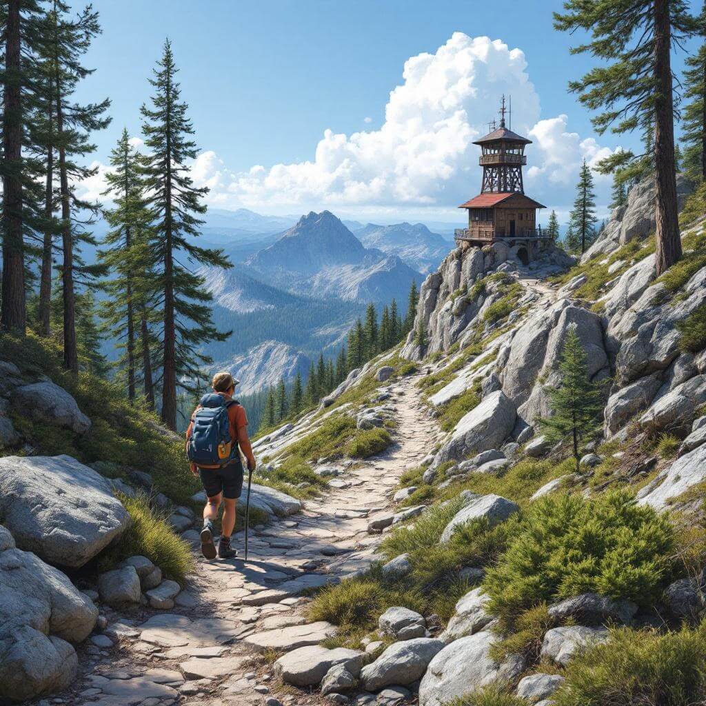 Hiker traversing rocky trail towards historic fire lookout tower amidst dense pine forest and granite formations