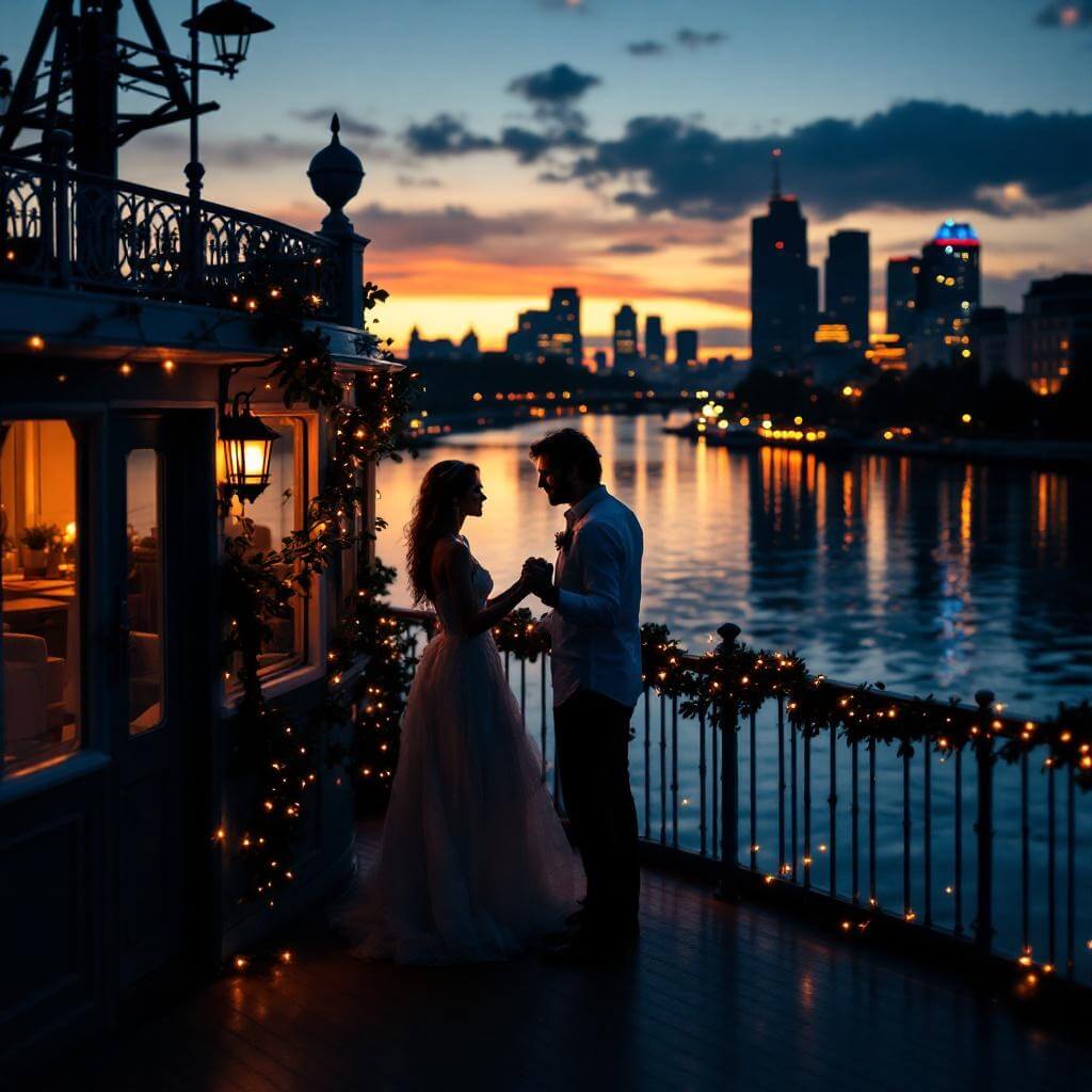 Romantic couple slow-dancing on riverboat's upper deck during twilight with city lights twinkling in the distance