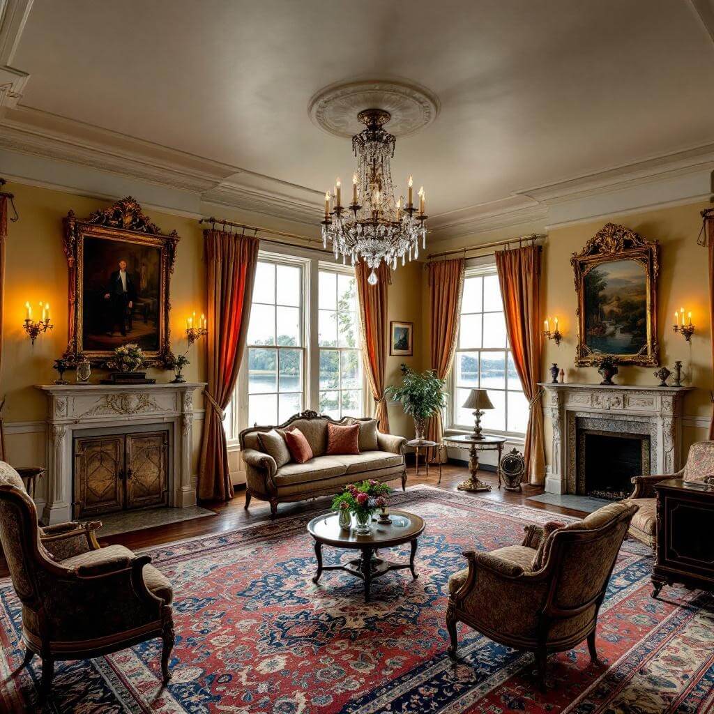 Interior view of Rosalie Mansion's grand parlor with antique furniture, crystal chandeliers, large windows with Mississippi River view, and mid-19th century Southern aristocratic decor