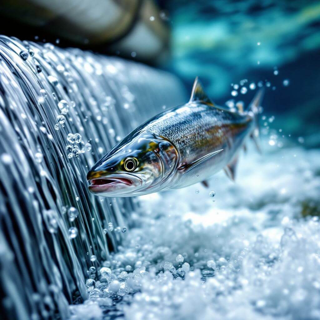 Salmon navigating through a detailed fish ladder in crystal clear water against the backdrop of a dam's wildlife conservation infrastructure