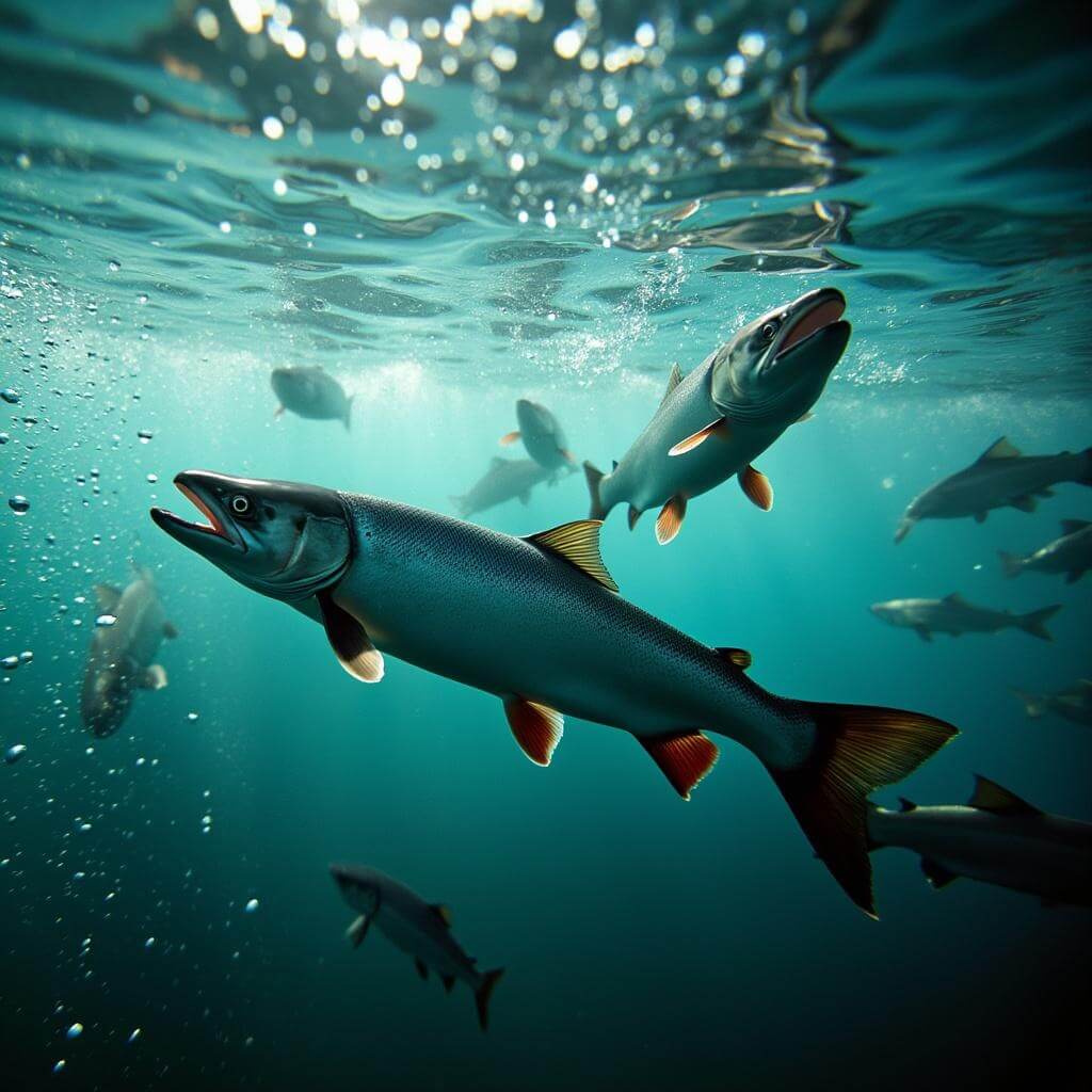 Silver salmon swimming in crystal-clear water at Bonneville Dam's fish ladder during migration, with visible bubbles, ripples and natural blue-green lighting