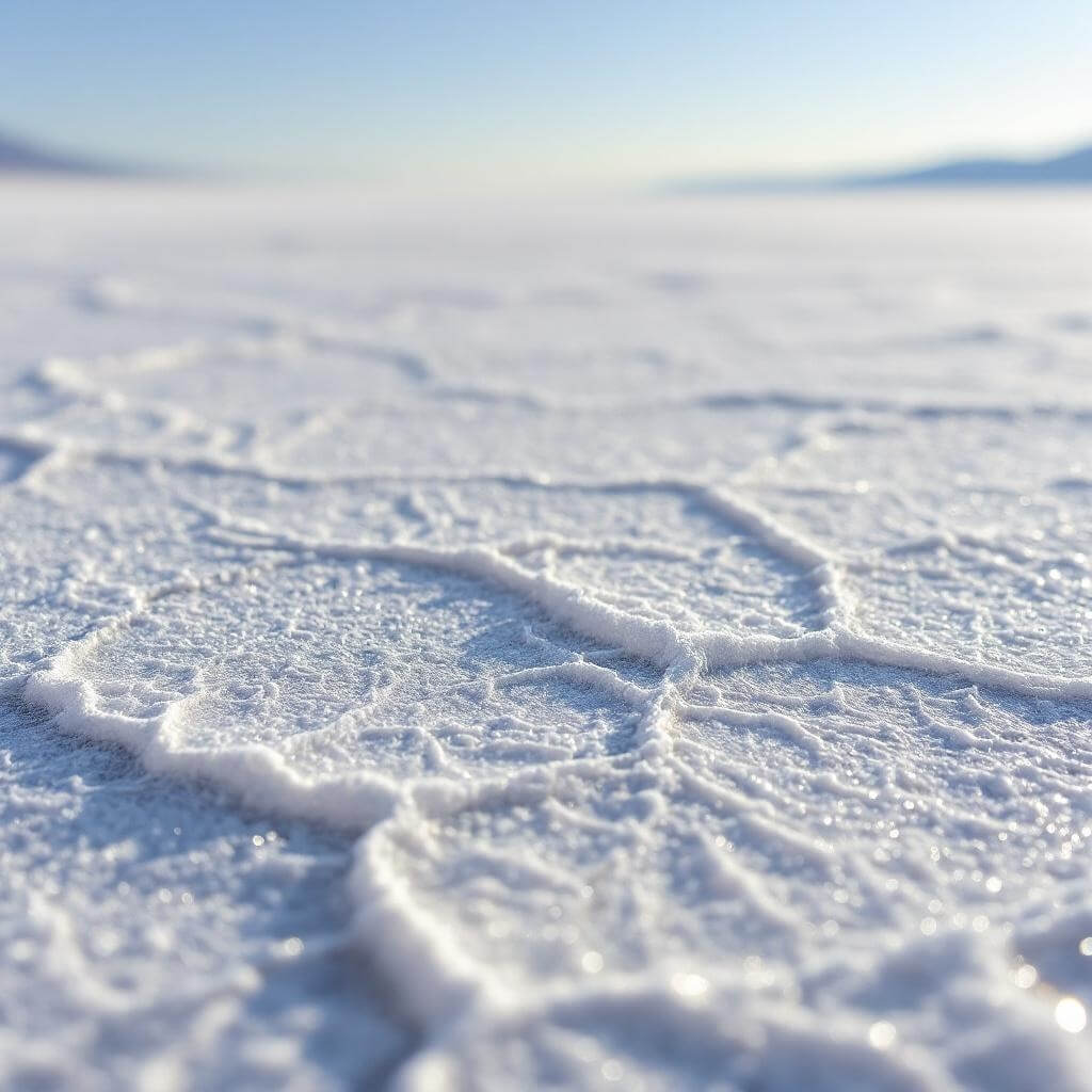 Close-up view of complex salt crystal patterns on Bonneville Salt Flats surface