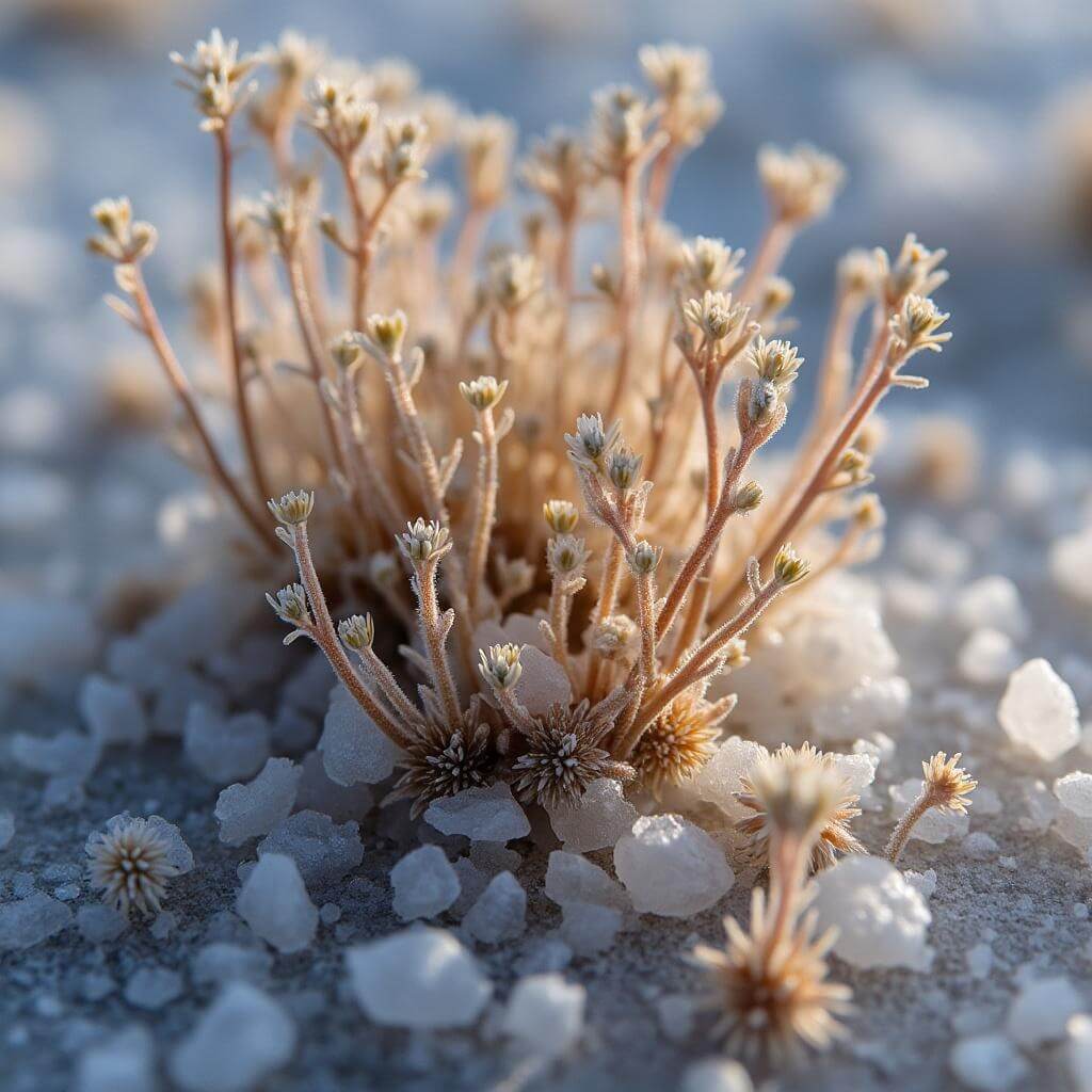Macro image of delicate desert plants and microorganisms on a salt flat, with detailed salt crystals and colors of adaptation in extreme environments during morning light