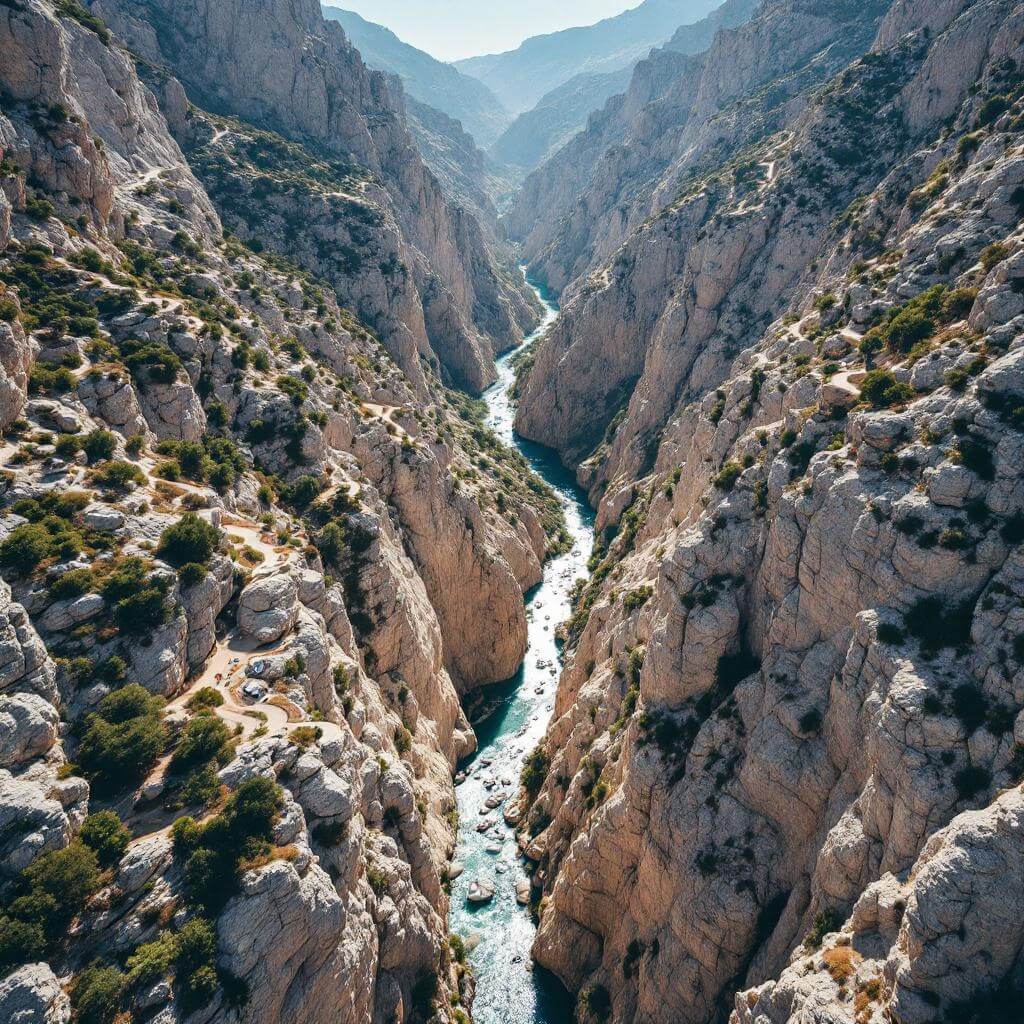 Aerial view of Samaria Gorge with rocky canyon, winding hiking trails, and deep geological formations in Cretan landscape
