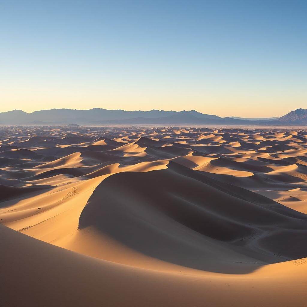 Panoramic view of singing sand dunes at Sand Mountain Recreation Area with late afternoon shadows, distant mountain silhouettes, highlighting Nevada's raw and untouched wilderness