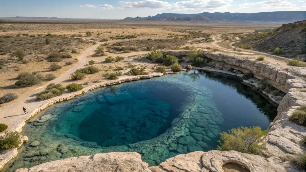 "Aerial view of a circular, sapphire-blue natural spring in the New Mexico desert with Route 66 and Santa Rosa town in the background, during golden hour"