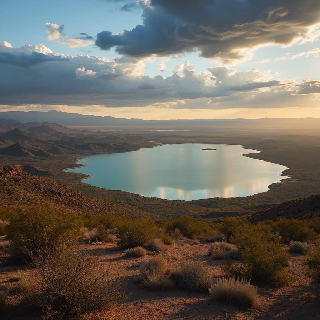 Aerial view of Santa Rosa Lake State Park at golden hour, contrasting azure water with desert landscape, under dramatic cloud shadows