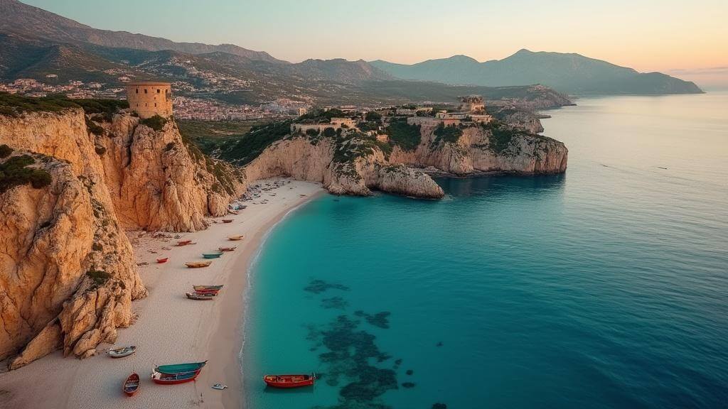 "Aerial view of Sardinia's coastline with limestone cliffs, turquoise waters, white sand beach with fishing boats, hidden coves, watchtowers, stone villages in hills, and sunset light"