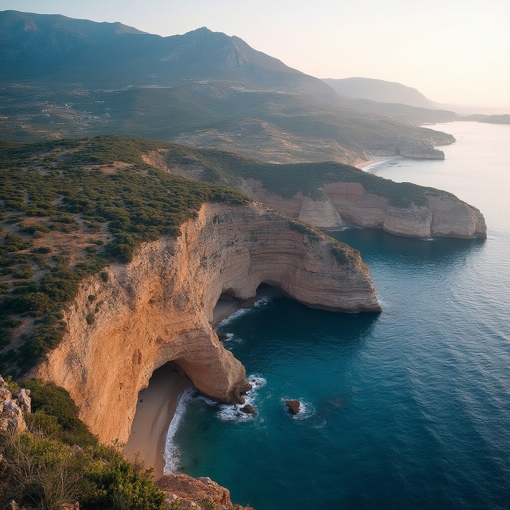 Sardinia's rugged coastline with rocky cliffs and deep blue Mediterranean waters during golden hour