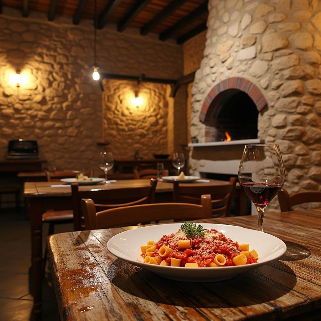 Rustic interior of a stone-walled trattoria in Nuoro, featuring a traditional wood-fired oven, weathered wooden table with a plate of steaming malloreddus pasta in tomato sauce and cheese, a glass of red wine and warm ambient lighting.