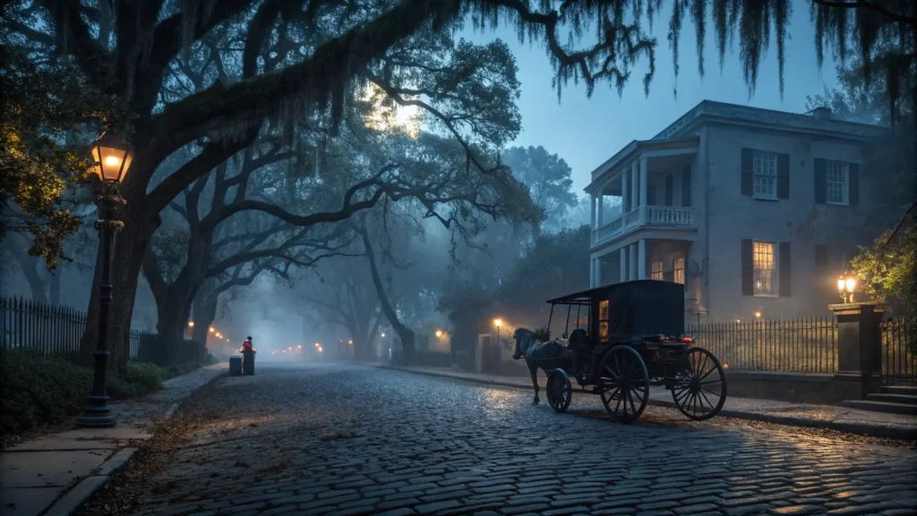 "Misty moonlit scene of a cobblestone street in historic Savannah with Spanish moss-draped trees, Victorian-era hearse, a grand antebellum mansion with lit window, and ghostly figure in Civil War-era clothing."
