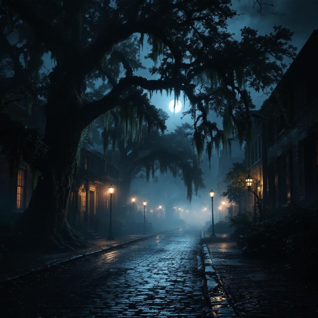 Misty night scene in historic Savannah with moonlit cobblestone streets, colonial buildings, and ancient oaks adorned with Spanish moss