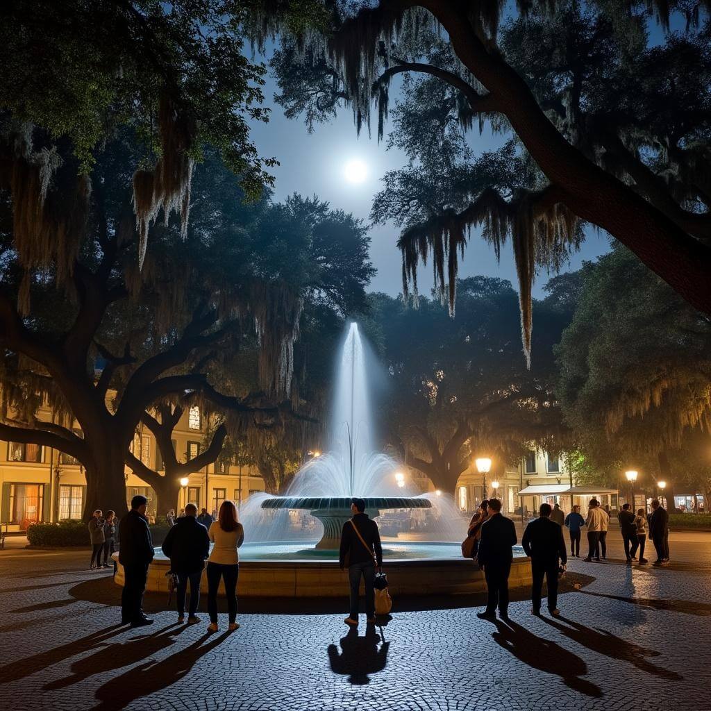 Moonlit Savannah square with central fountain, ancient live oaks, tourists near fountain, breath visible in the cool night air.