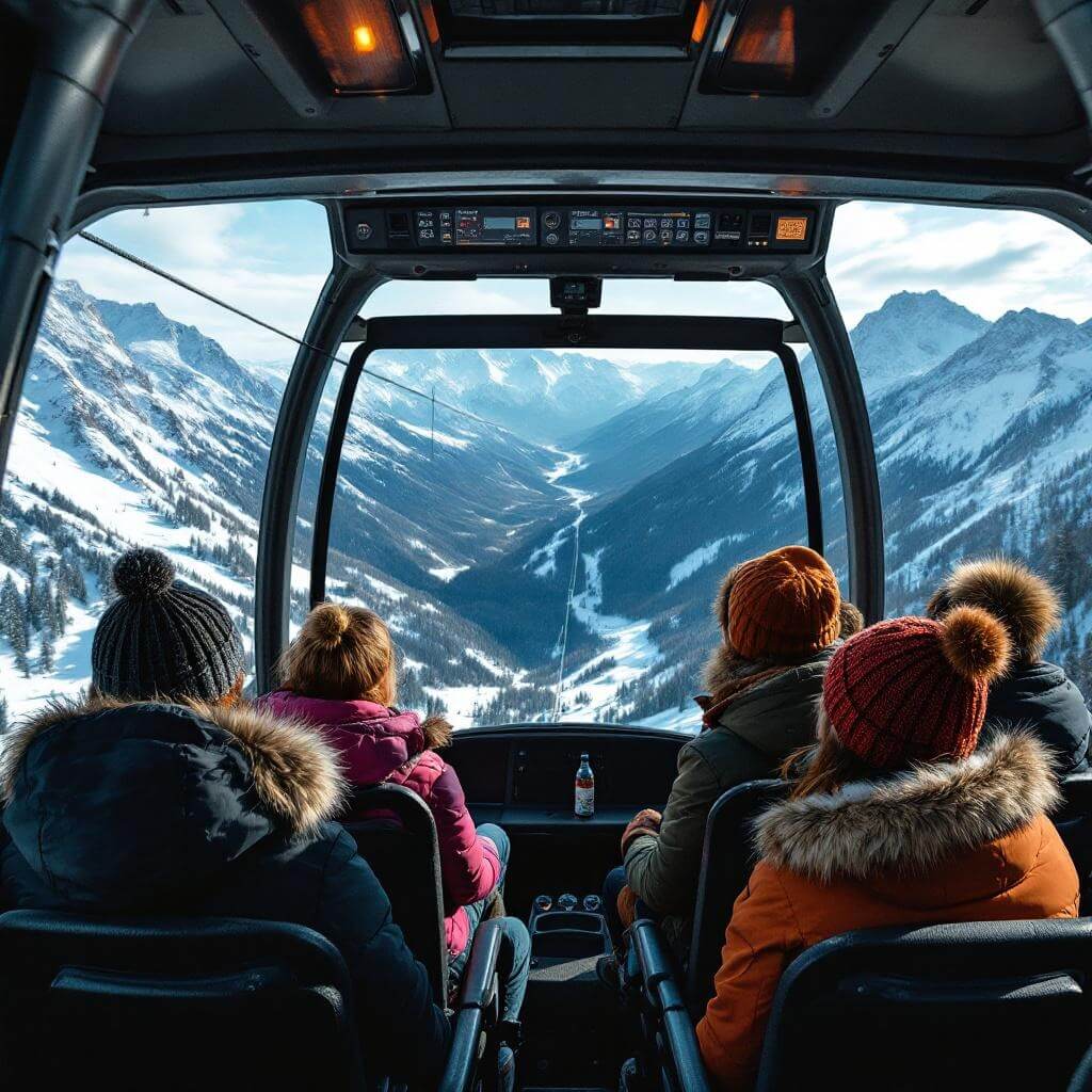 Passengers in an open-air gondola observing Colorado's mountainous landscape