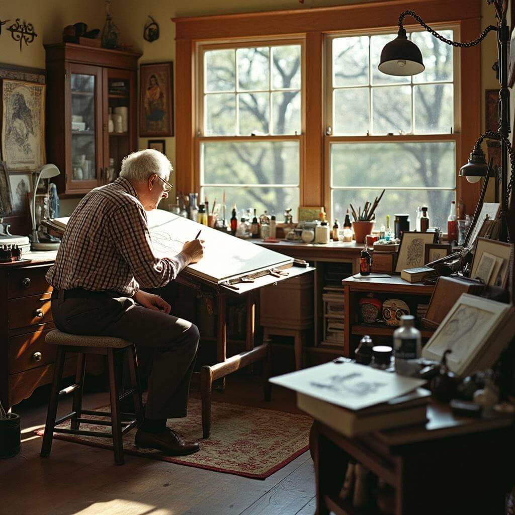 Photograph of Schulz's recreated studio with drawing table by a window, 1970s art supplies, vintage furniture, and personal artifacts in warm afternoon light