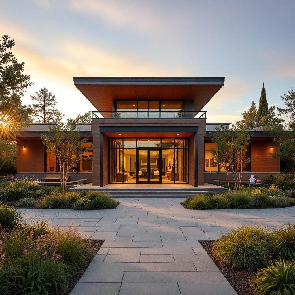 Exterior view of Charles M. Schulz Museum in Santa Rosa, California, showcasing modern architectural details, lush landscaping, and inviting entrance during golden hour