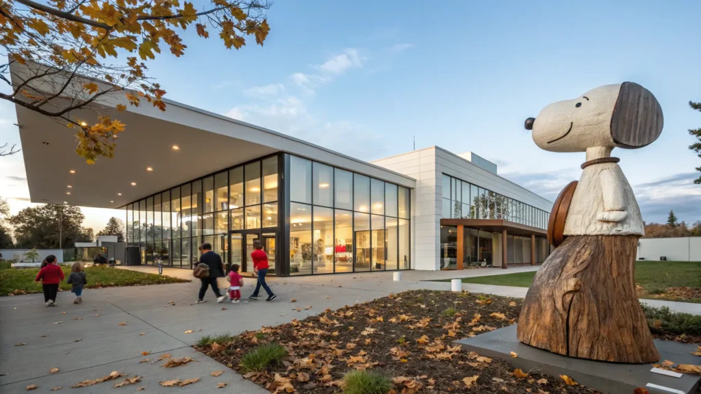 "Charles M. Schulz Museum featuring large glass windows, Snoopy sculpture, autumn leaves, and visiting families, with Peanuts character silhouettes in the facade and a replica of Schulz's studio visible through a window"
