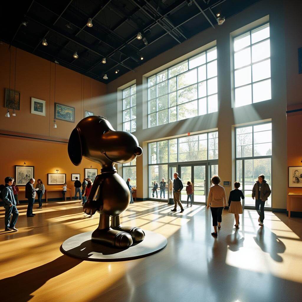 Interior view of Charles M. Schulz Museum's Great Hall with a bronze Snoopy statue, visitors exploring, and natural light creating shadows.